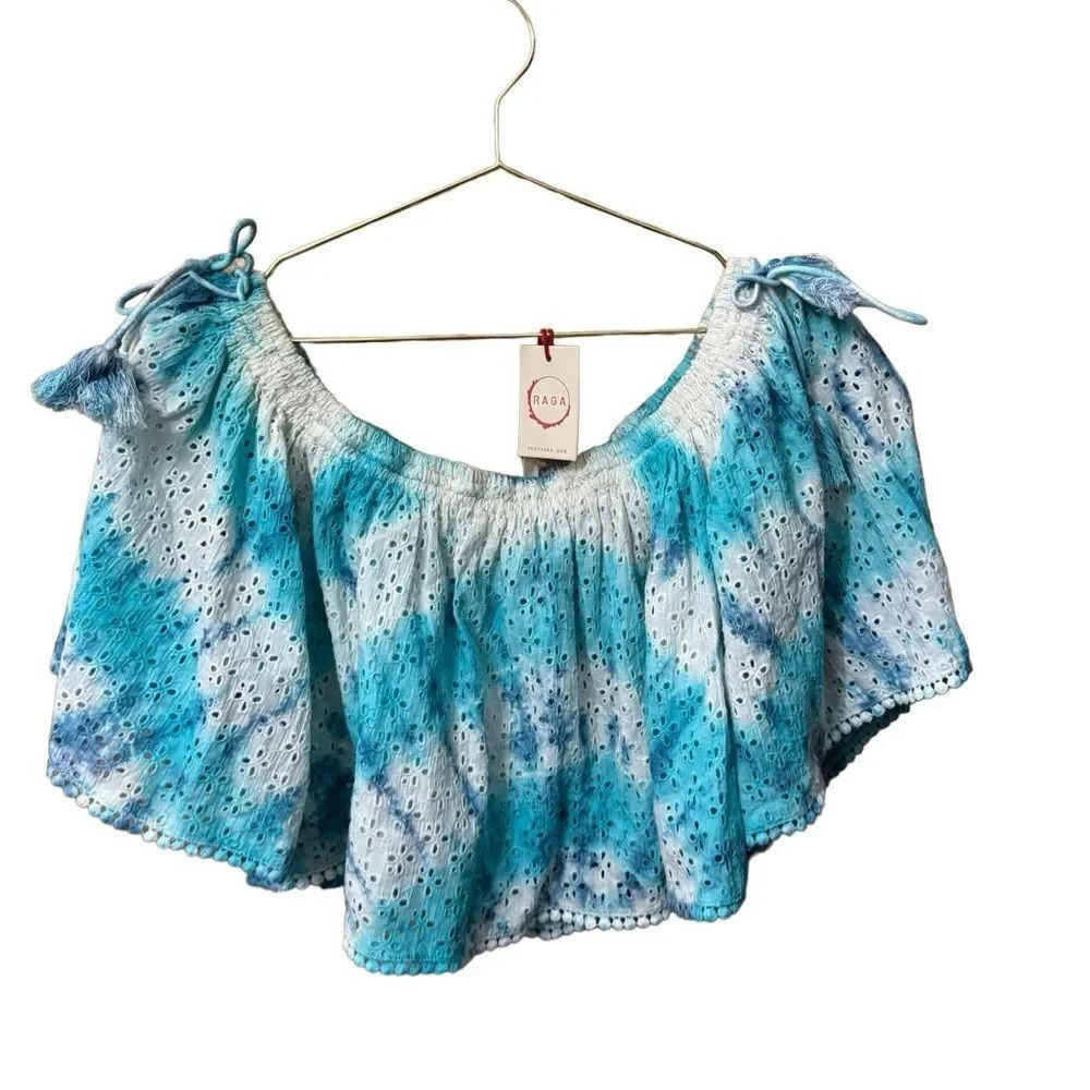 NWT Raga SAMPLE Whisper crop top off shoulder eyelet tie dye Small - Picture 4 of 9